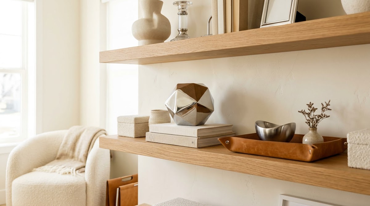 How to Style Chrome Decorative Objects on Open Wood Shelves - sculptural chrome lamp with warm wood bookshelf and chair