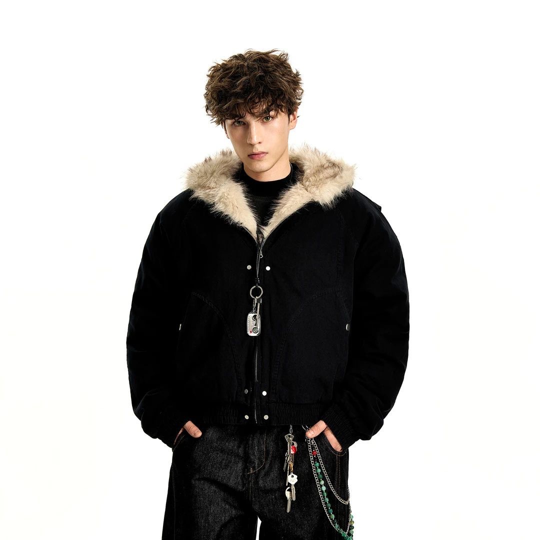Men's winter jacket, padded, with hood and fur collar