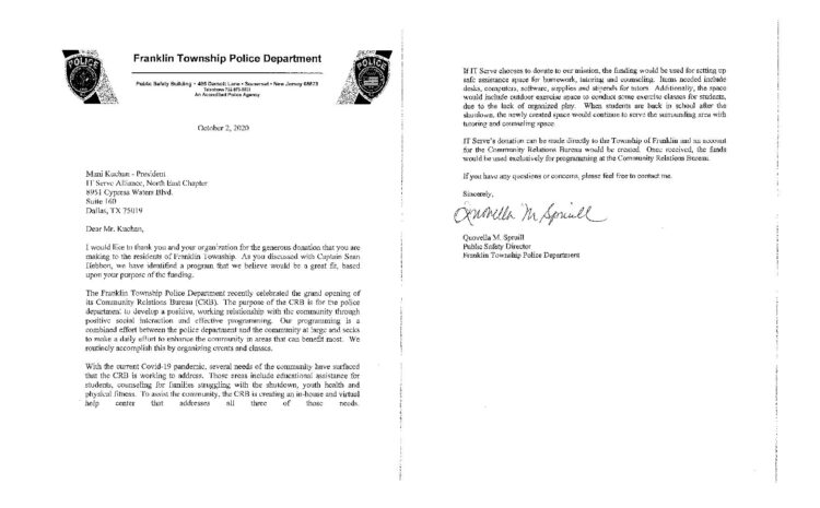 ITServe Alliance NorthEast Chapter Received a Thank You letter From Franklin Township Police Departmen