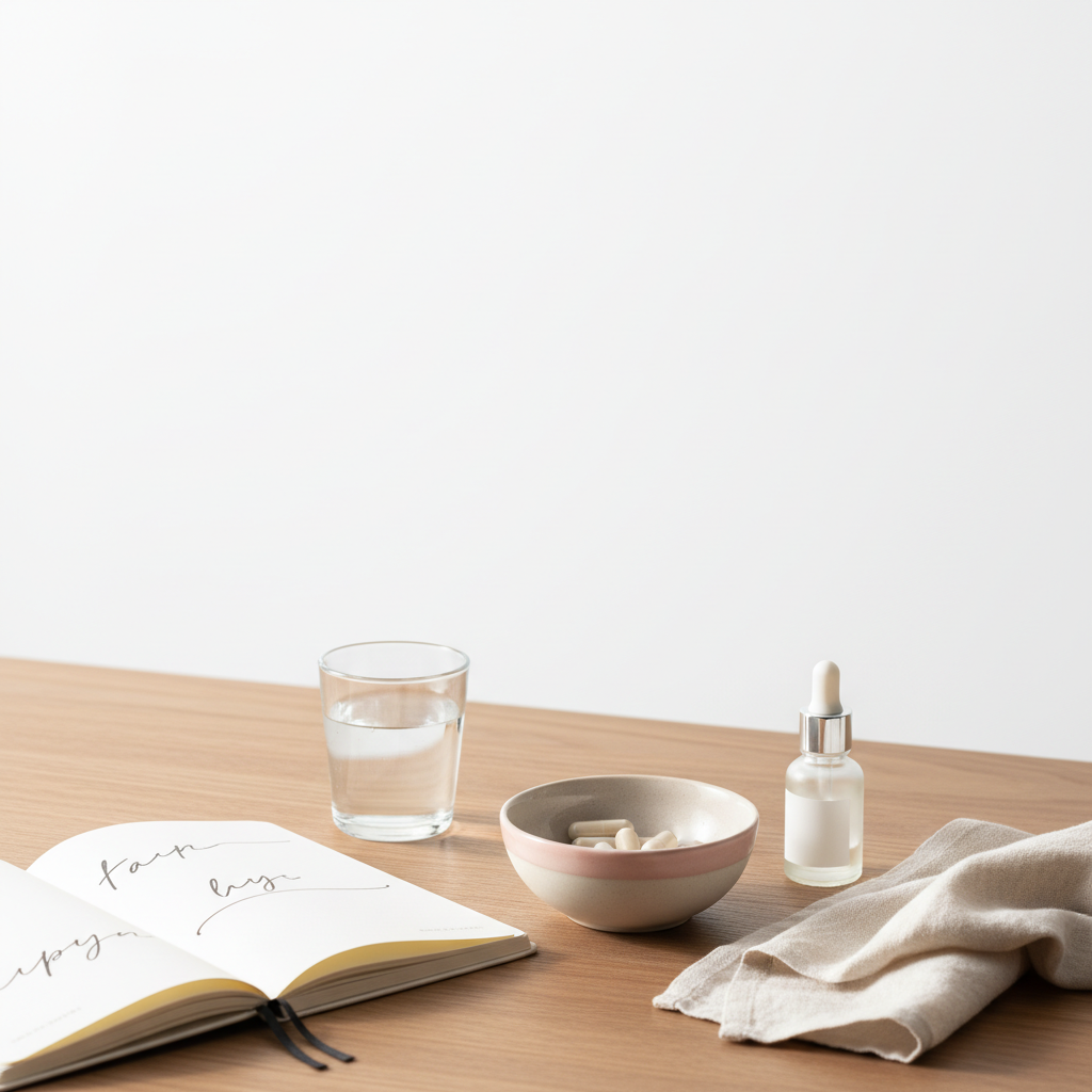 Minimalistisches Vanity-Arrangement mit Glas Wasser, offenem Notizbuch, Kapseln in Keramikschale und unlabeled Nagelhautöl auf weißem Hintergrund — Vitamin B12 brüchiges Haar