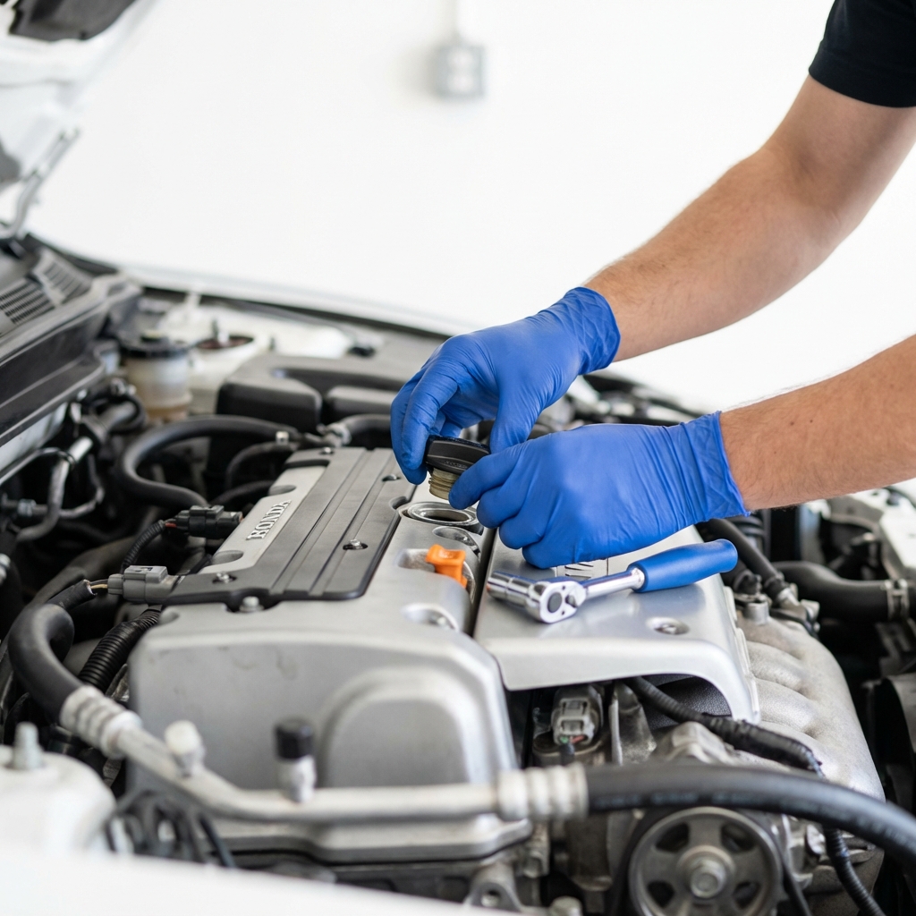 Close up of mechanic inspecting Honda Civic engine bay focused on valve cover and oil fill cap with blue gloves accent honda civic used car for sale