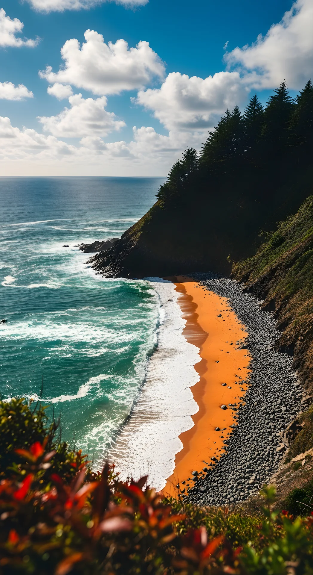 Dramatic High-Angle View of Secluded Coastal Cove with Orange Sand and Turquoise Water - Free 4K mobile Wallpaper
