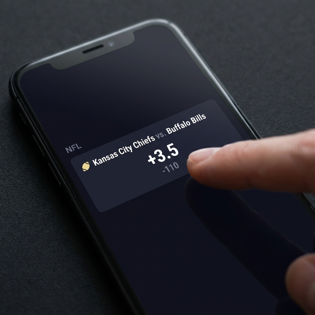 Close up of a mobile sportsbook screen showing a point spread and a minus 110 price with a finger pointing to the line in a Funded Plays minimalist dark UI How NFL Point Spreads Work