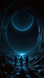 Astronauts Gazing at Blue Planet in Cave