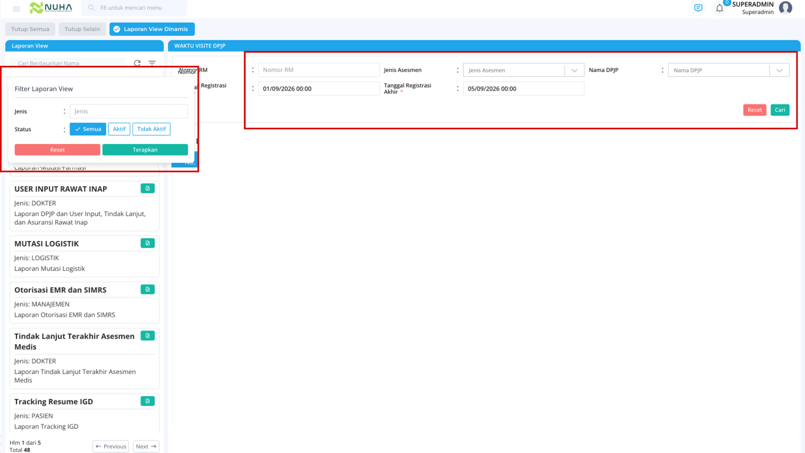 Tampilan fitur Filter & Parameter Dinamis pada Laporan View Dinamis NUHA