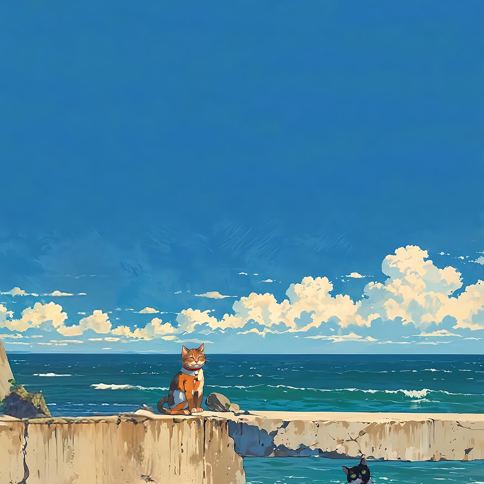 Download Coastal Scene, Cat Art, Seaside, Anime Style 4K iPhone