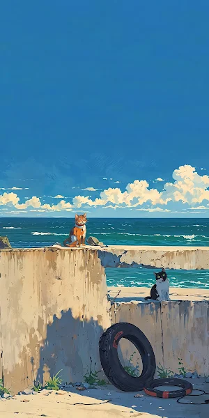 Coastal Scene, Cat Art, Seaside, Anime Style 4K iPhone Wallpaper Background