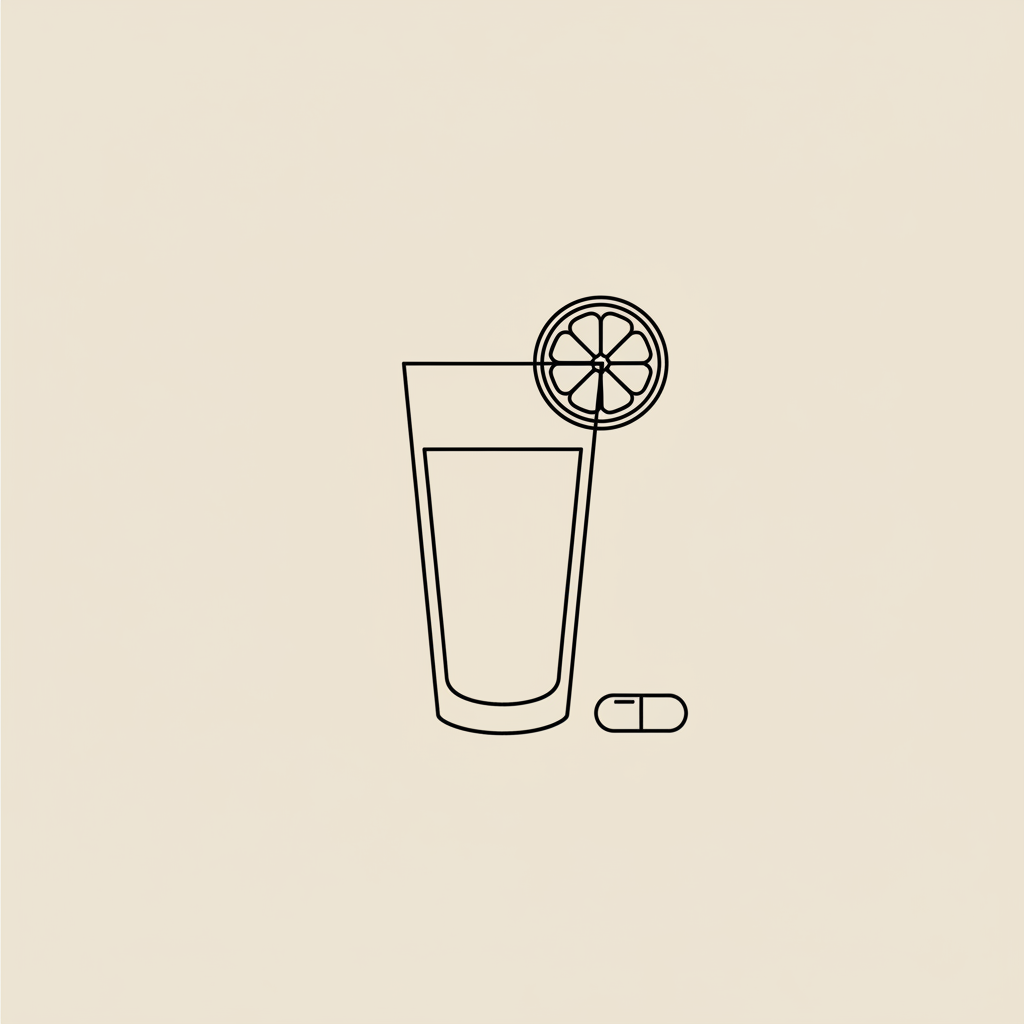 Minimalist line illustration of a glass of water with a lemon slice and a capsule on a beige background, referencing does lemon water burn fat