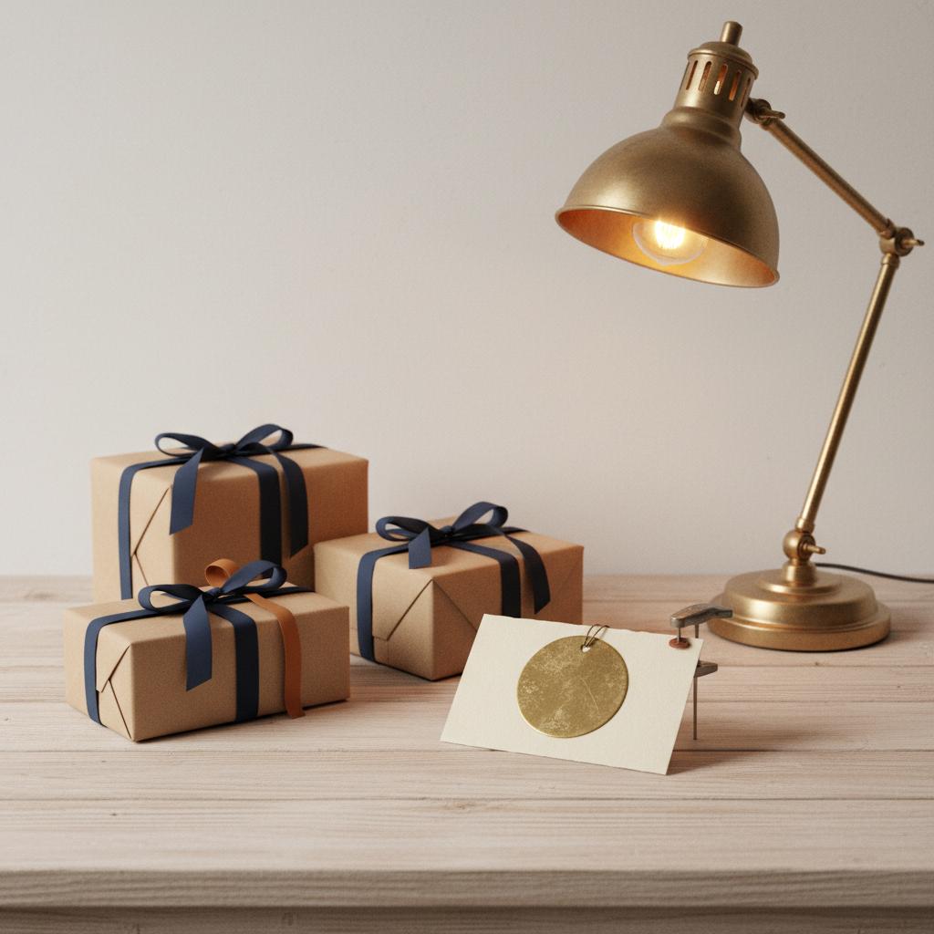 Nahaufnahme Holztisch mit sorgfältig arrangierten Geschenkpaketen und graviertem Metallanhänger auf Karte, warmes Lampenlicht, dezente Steelmonks-Farben, 15. Geburtstag