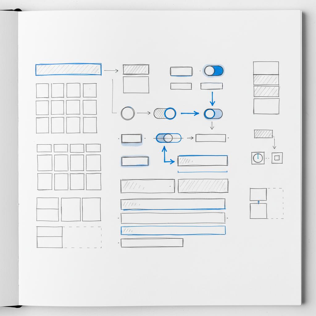 Close-up notebook sketch of hand-drawn UI components (buttons, form fields, grid blocks) with interaction arrows, blue #1a5bfb highlights and neutral #39383f lines on white page &mdash; ChatGPT website builder