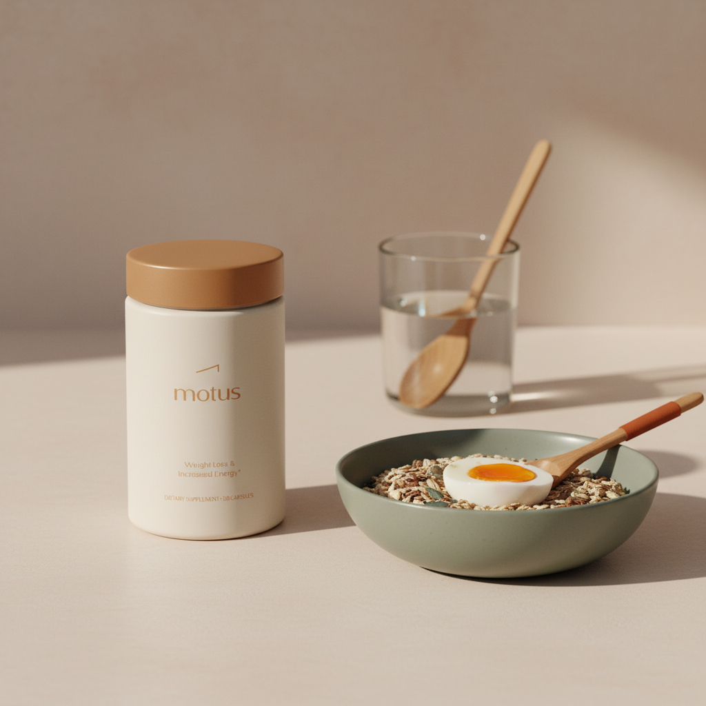 Close-up minimalist kitchen scene of Motus supplement jar beside whole grains and a boiled egg, illustrating appetite suppressant pills and a healthy morning routine.