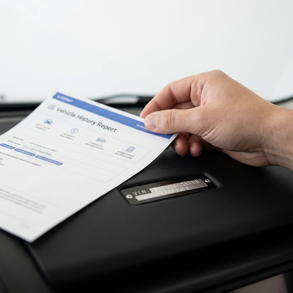 Close up of dashboard VIN plate and hand holding a printed vehicle history report on white background with blue brand accents toyota corolla for sale