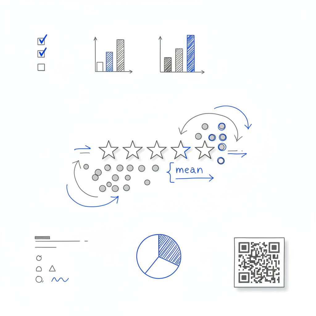 Notebook-style sketch showing a star-rating scale and arrows illustrating how adding five star reviews raises the average, with checklist, bar chart, and QR-code placeholder.