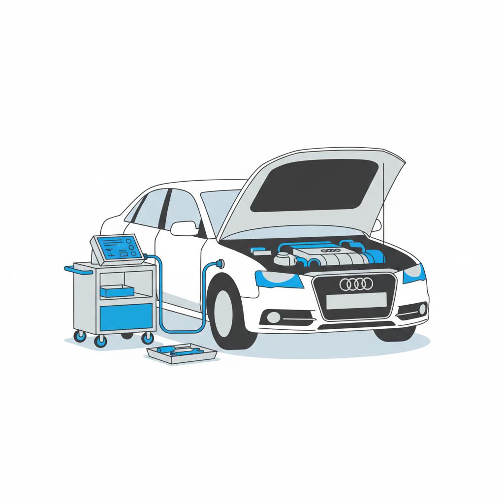 Minimalist 2D vector of an Audi sedan with hood open and diagnostic scanner connected portraying a pre purchase inspection audi car dealership near me