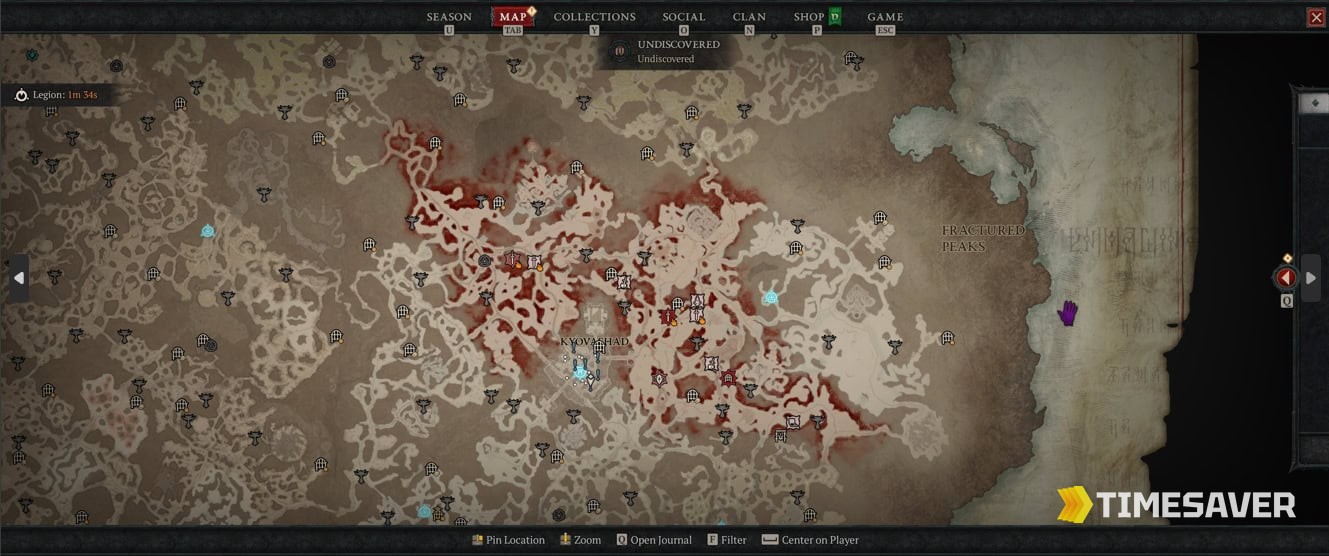 Diablo 4 Helltide zone shown on the map — the red Helltide overlay spread across the region with event icons