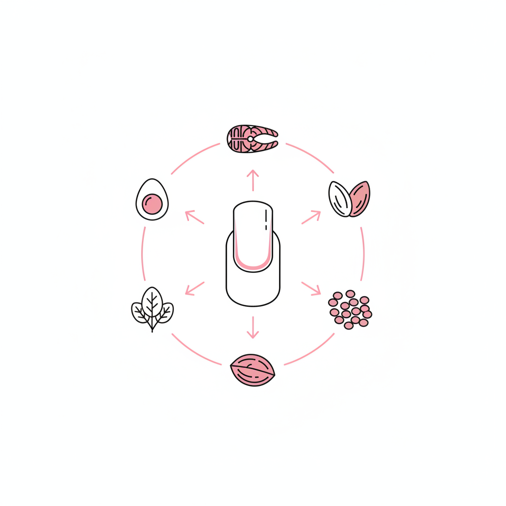 Nägel stärken Ernährung – minimalistische Vektorinfografik mit Ei, Lachs, Nuss, Blattgemüse und Linsen als Icons, Pfeile zum stilisierten Nagel in der Mitte, weißer Hintergrund, pinke Akzente.
