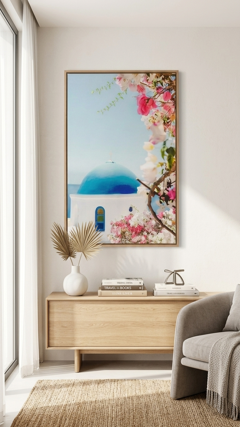 Greek Coastal Village Canvas Print – Pink Floral & Blue Dome Wall Decor (40x60 cm) Wall Art  - Image 3