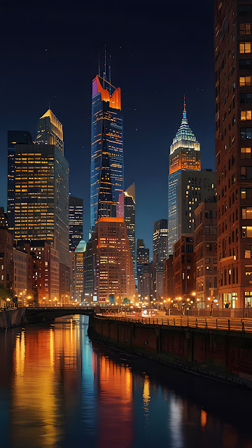 Downtown City Skyline Reflected in Dark River at Night - Free mobile Wallpaper