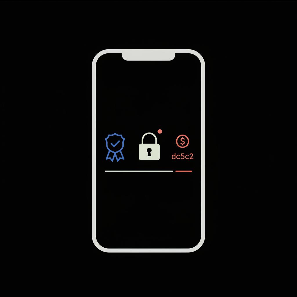 Minimal 2D vector infographic of a smartphone screen with a blue verification badge, a lock icon, and a small dollar sign on black background — buy a blue check on IG