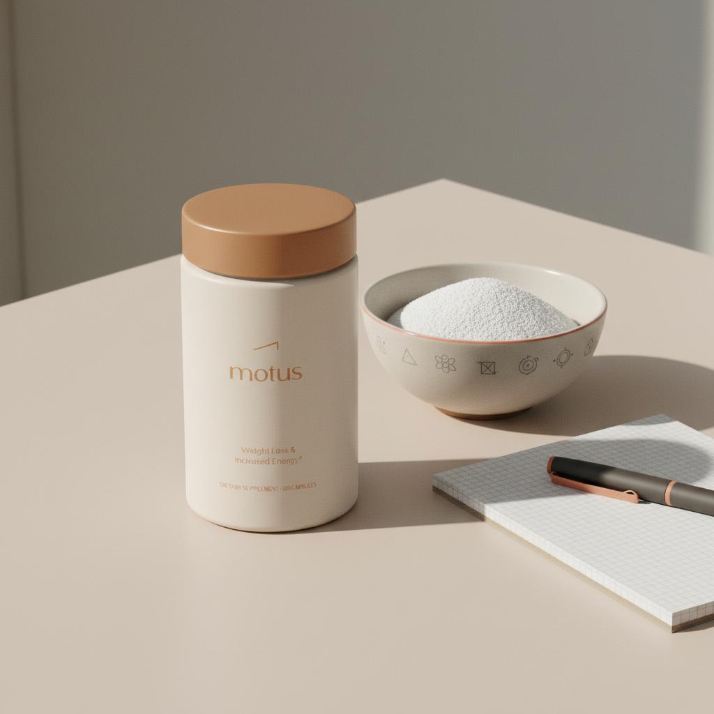 Close-up of Motus supplement bottle on a light beige tabletop beside a ceramic bowl of soluble fiber powder and a notepad with pen — non-stimulant fat burner