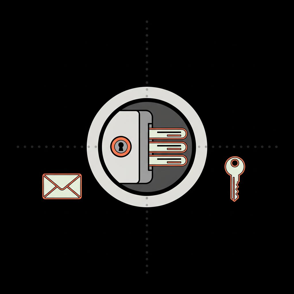 How do I recover my Outlook password? Minimal 2D vector infographic of a stylized vault with backup code slips, envelope and key icons on black background in Social Success Hub colors.