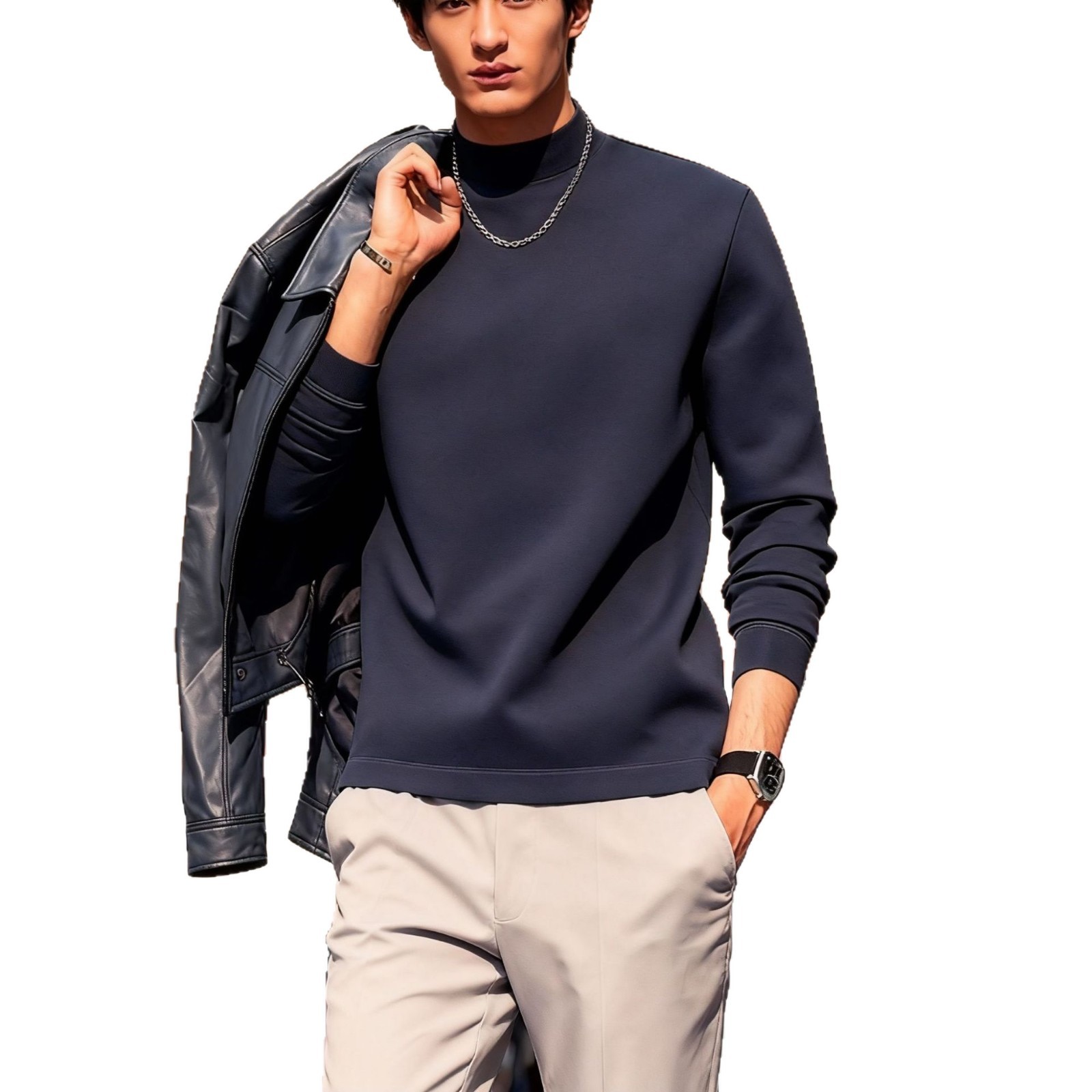 Men's long sleeve shirt with stand-up collar and thermal lining