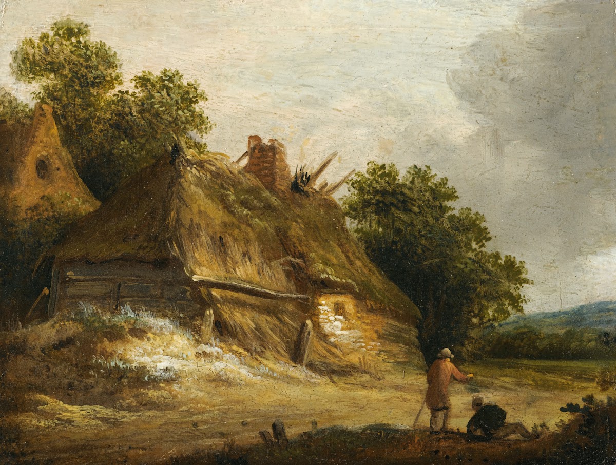 Three Figures Passing Along A Road Before A Cottage Two Figures Passing Along A