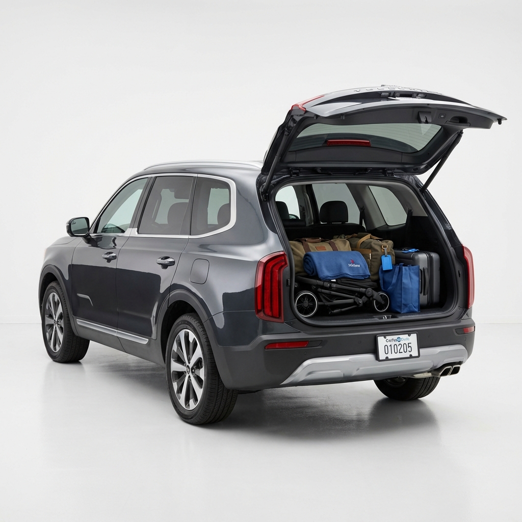 Rear three quarter view of a Kia Telluride with open hatch loaded with stroller and duffel bags on white background accents color 3666ed minimalist studio photo best Kia model 2026