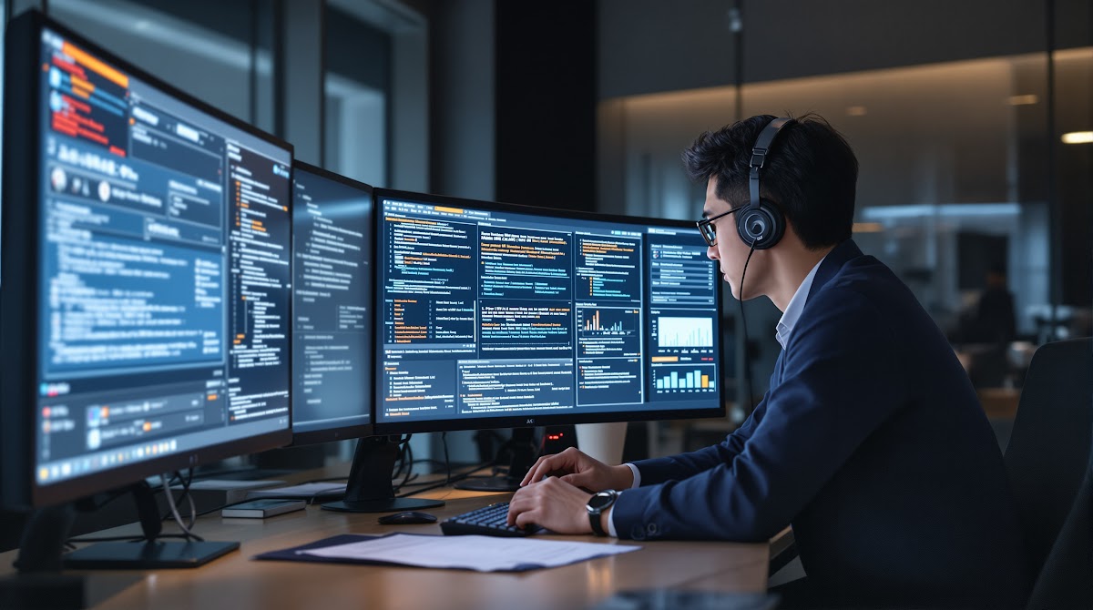 IT전문용어통역 전문가가 최신 AI 번역기와 공식 IT 용어집을 활용해 글로벌 프로젝트 실무 현장에서 협업하는 모습, 다양한 언어의 기술 문서와 용어 표준화 자료가 함께 배치된 환경