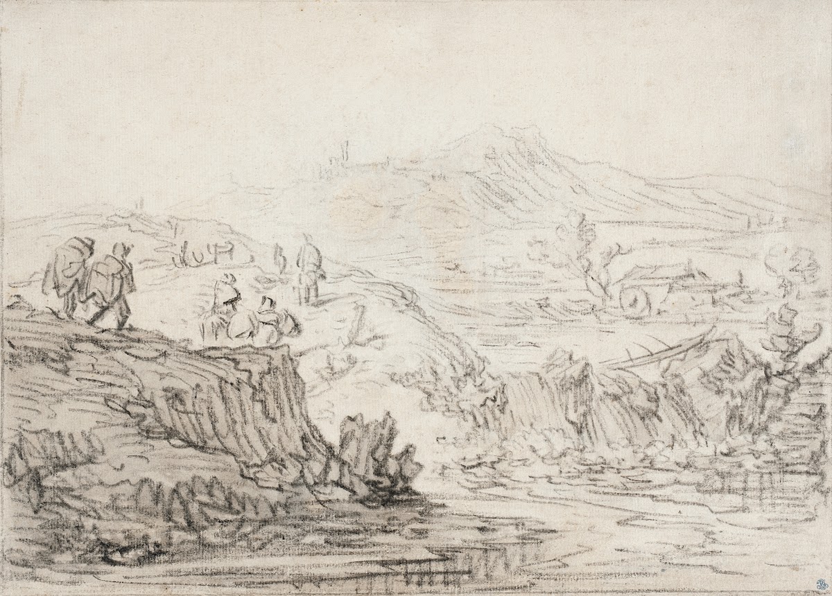 Hilly Landscape with Stream and Figures 1609   1685