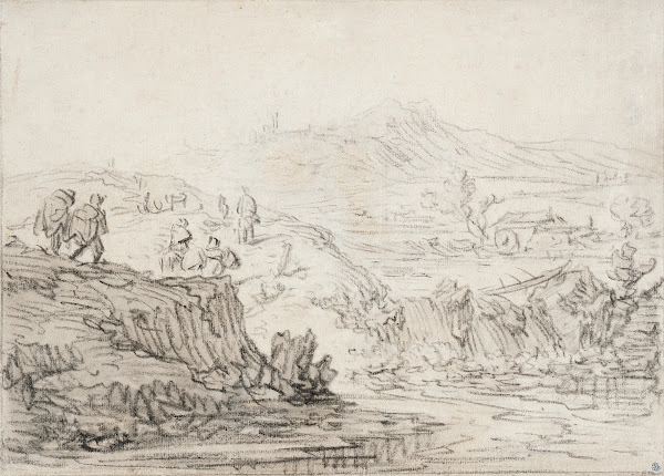 Hilly Landscape with Stream and Figures 1609   1685