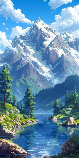 Mountain Landscape, Anime Scenery, Nature Illustration, River View 2K iPhone Wallpaper Background