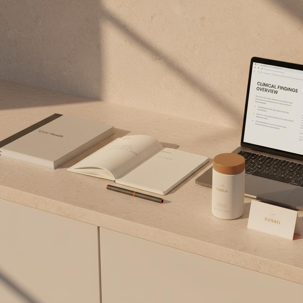Minimalist kitchen counter scene with Tonum supplement container, a "Liver Health" research binder, open notebook and laptop showing a research summary, highlighting fatty liver research.