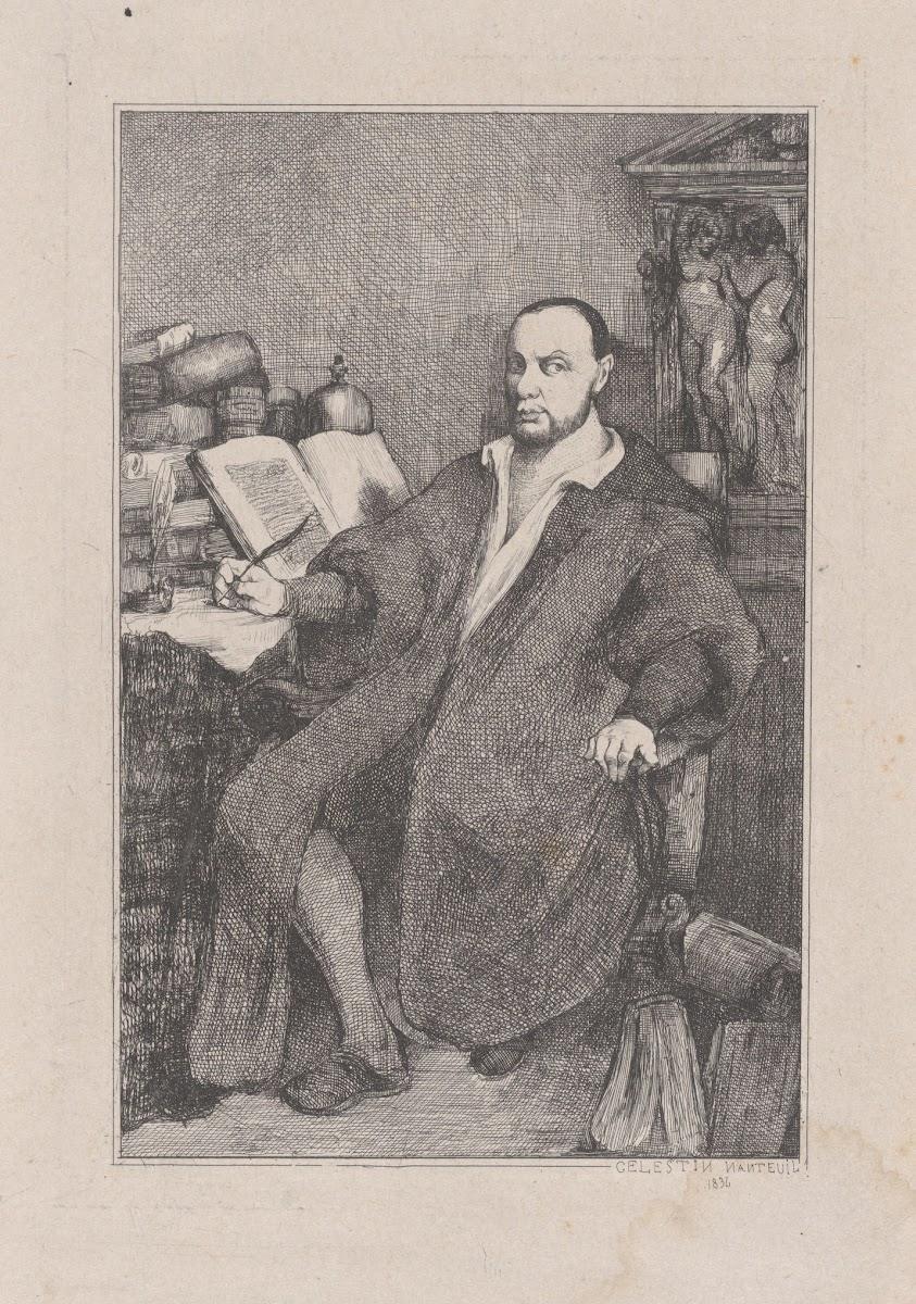 Seated Man With Quill In His Right Hand At Desk Littered With Books 1834