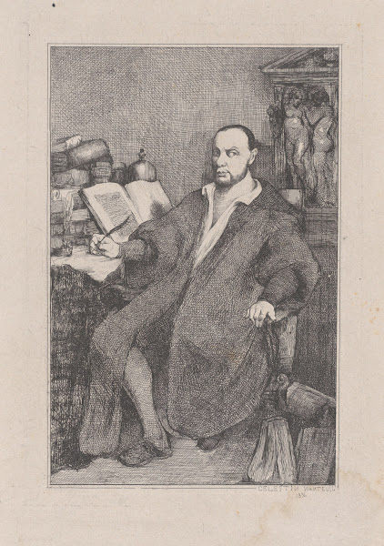 Seated Man With Quill In His Right Hand At Desk Littered With Books 1834