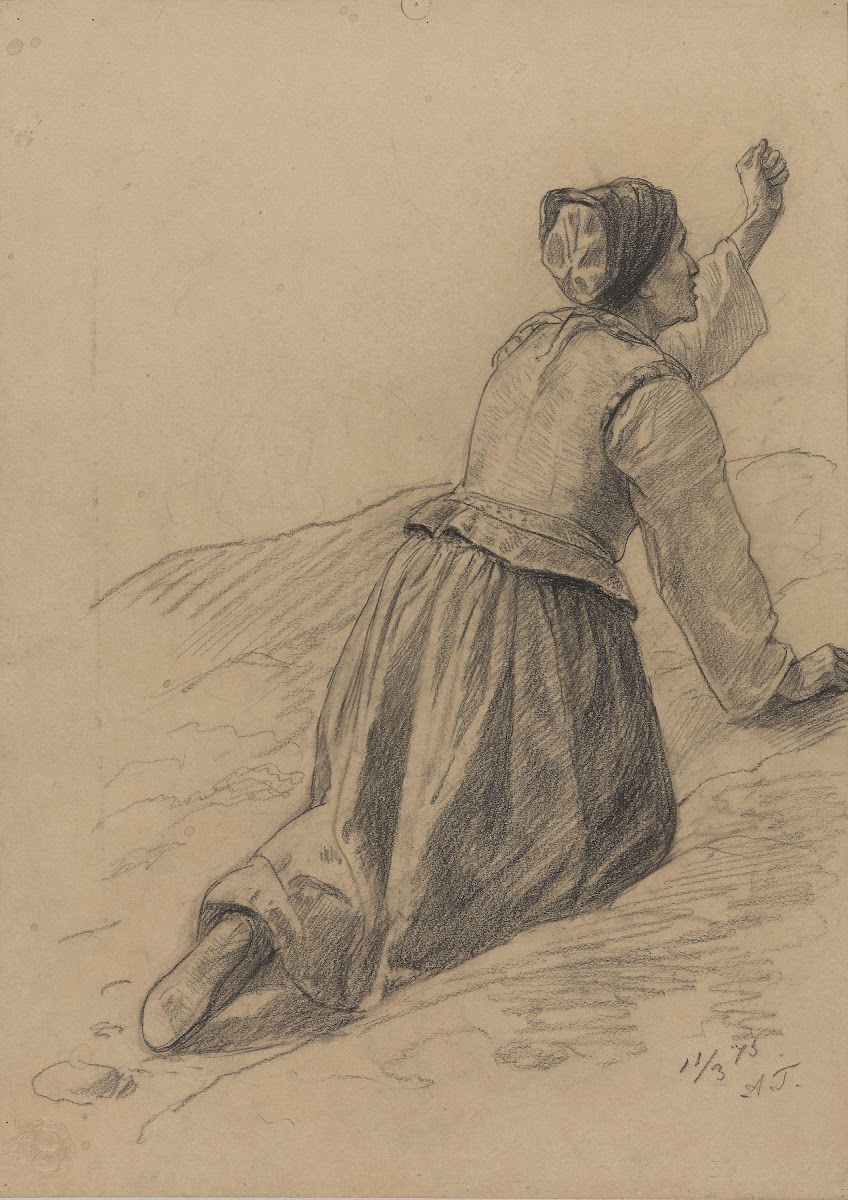 Gammel kone på kne med knyttet hånd 1875