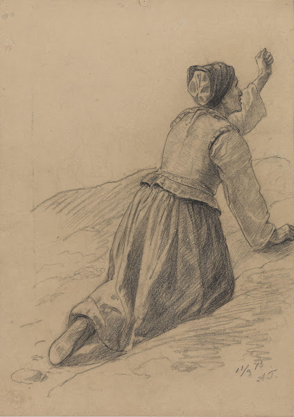 Gammel kone på kne med knyttet hånd 1875