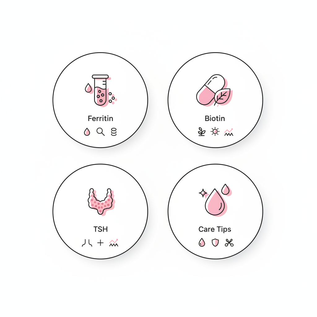 Minimalistische 2D‑Vektor‑Infografik in NailX‑Farben mit vier Icons (Ferritin, Biotin, TSH, Pflegetipps) auf weißem Hintergrund – Thema: brüchige Nägel.