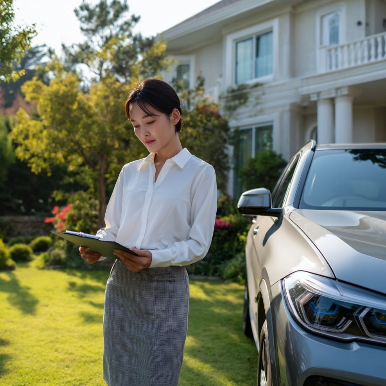 자동차와 보험 서류를 함께 살펴보는 일상적인 장면