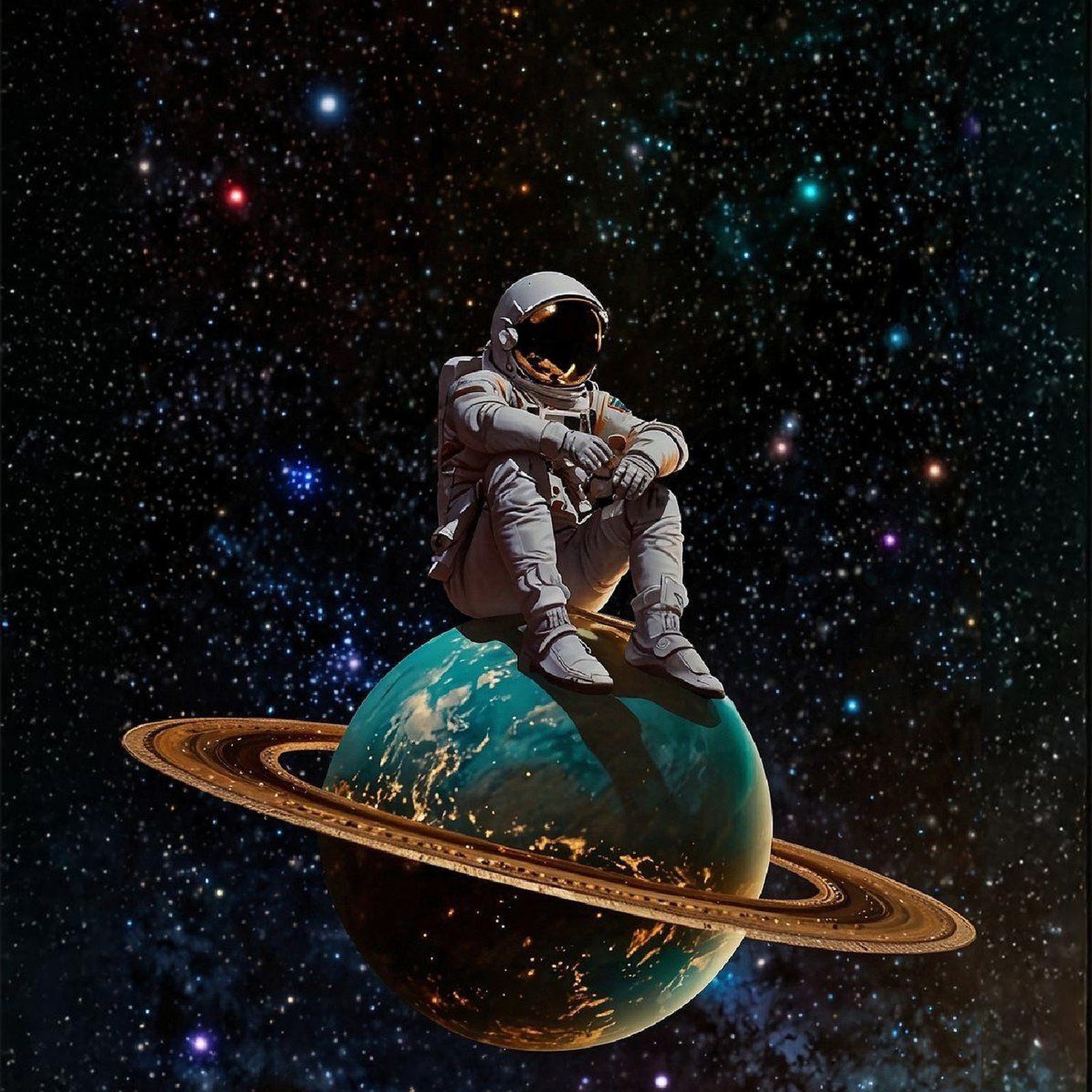 Download Astronaut Sitting On Saturn Full HD iPhone