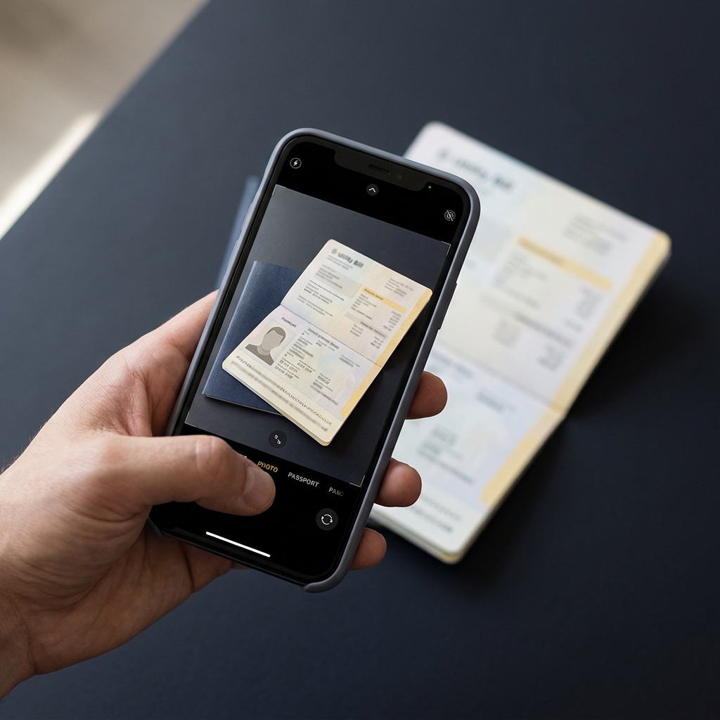 Hand photographing an open passport and utility bill on a dark minimalist background for KYC document upload betnet ag mobile