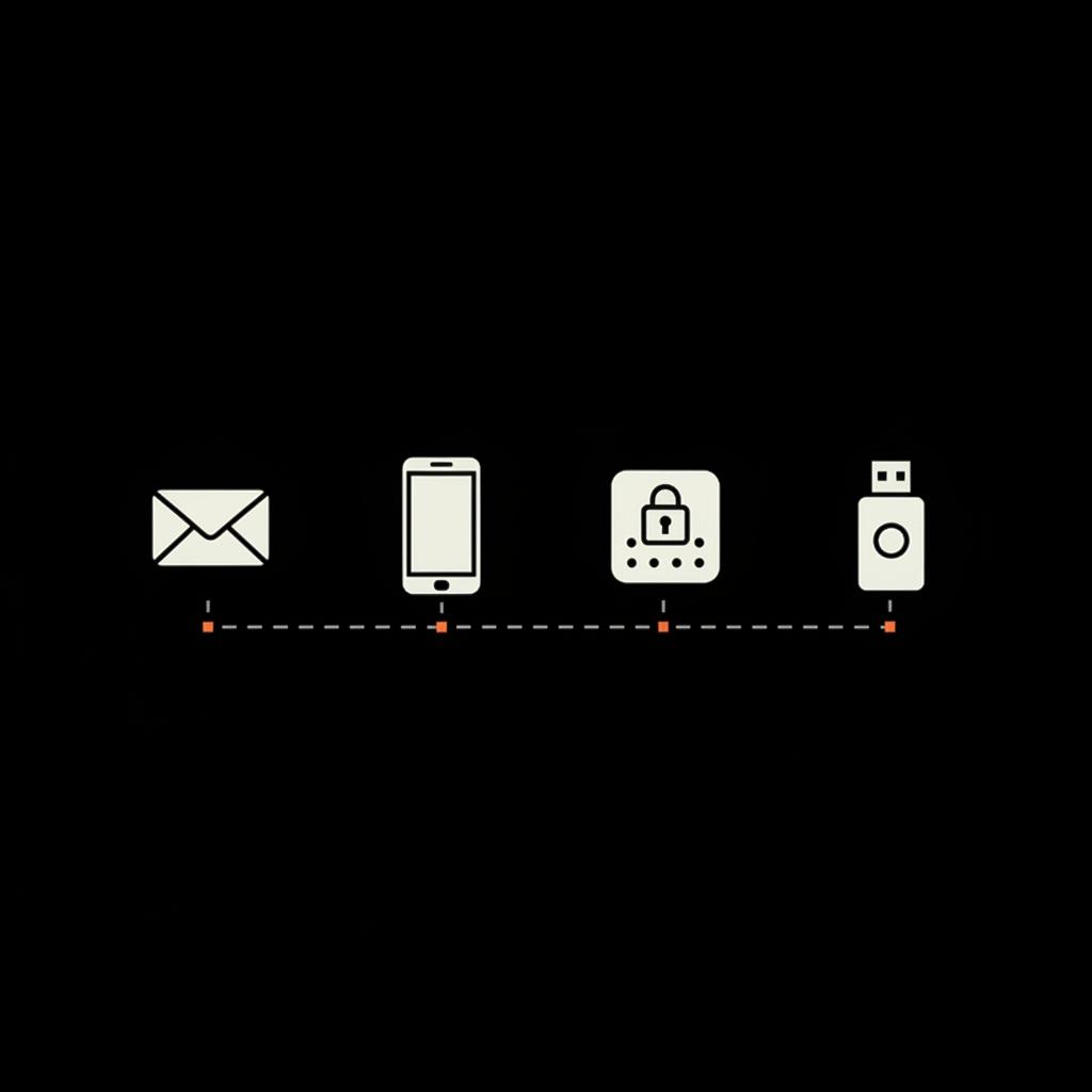 Minimal 2D vector infographic showing a recover password flow with four icons — email, phone, authenticator app, and hardware key — on a black background