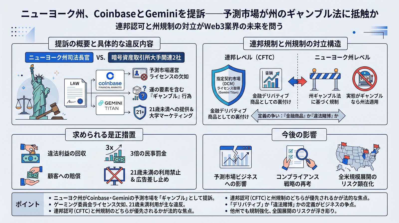 ニューヨーク州、CoinbaseとGeminiを提訴――予測市場が州のギャンブル法に抵触か