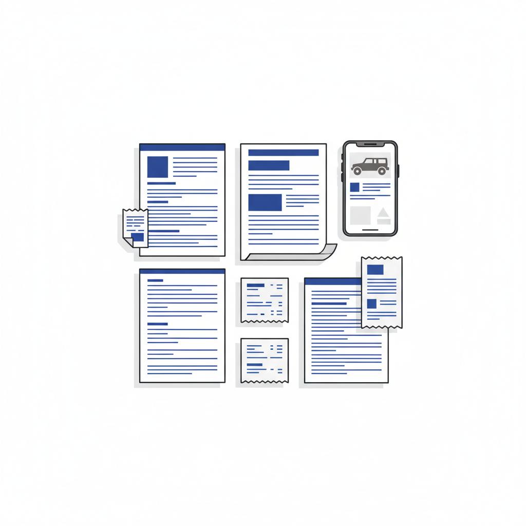 Minimal flat vector of vehicle history report pages service receipts and a smartphone showing a simplified dealer listing for a jeep wrangler for sale in white and blue brand colors