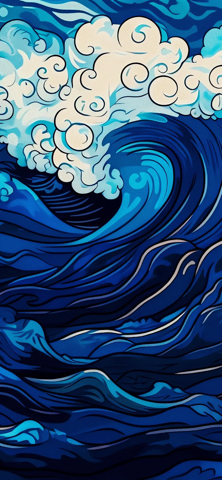 Stylized Japanese Blue Waves - Digital Illustration Full HD iPhone Wallpaper (1284x2778)