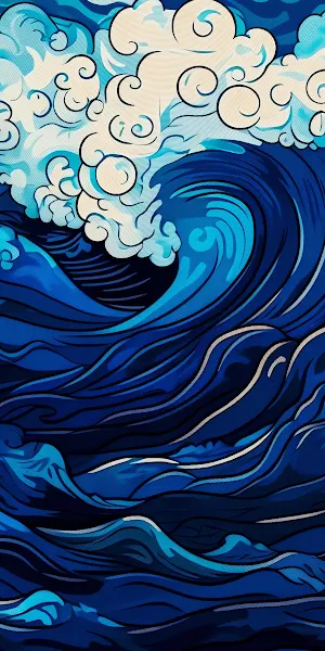 Stylized Japanese Blue Waves Full HD iPhone Wallpaper Background