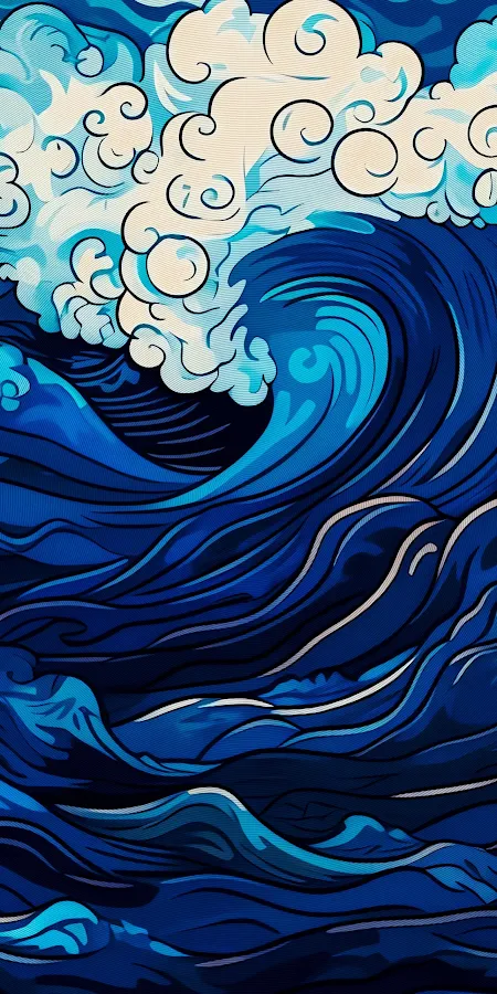 Stylized Japanese Blue Waves Full HD iPhone Phone Wallpaper