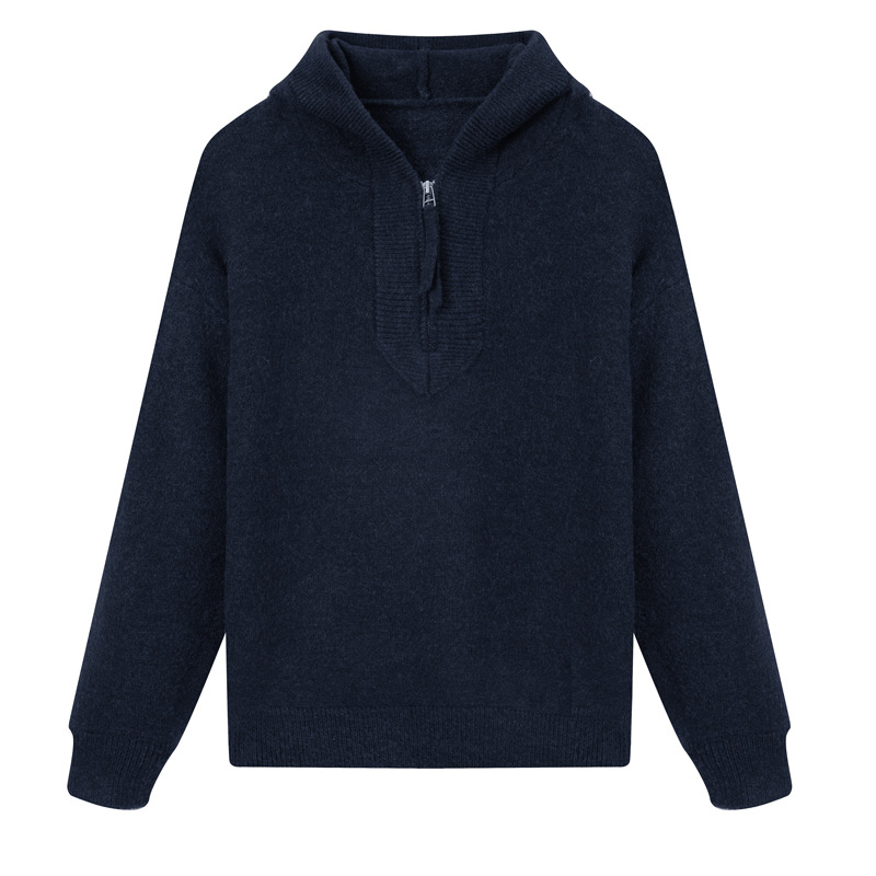 Modern men's knitted pullover with hood and zipper
