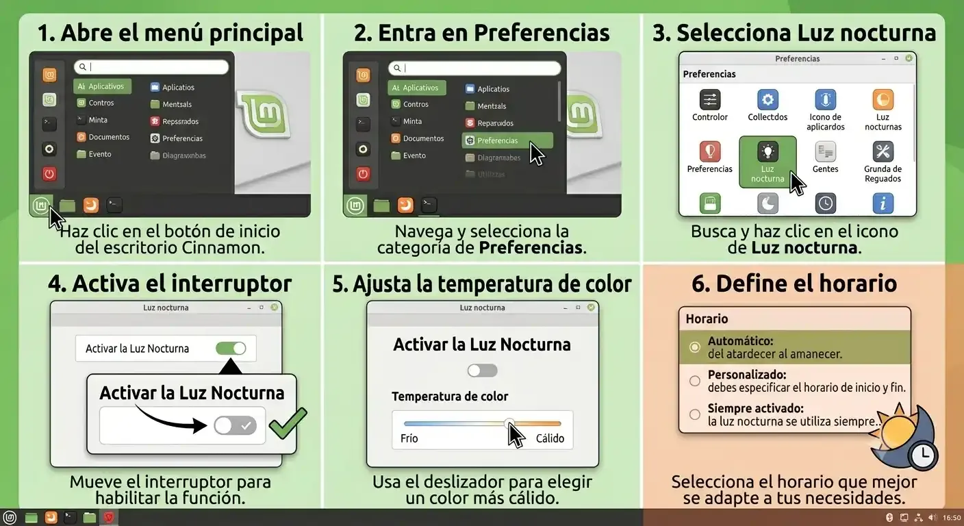 Procedimiento para activar la luz nocturna en Linux Mint 22.3.
