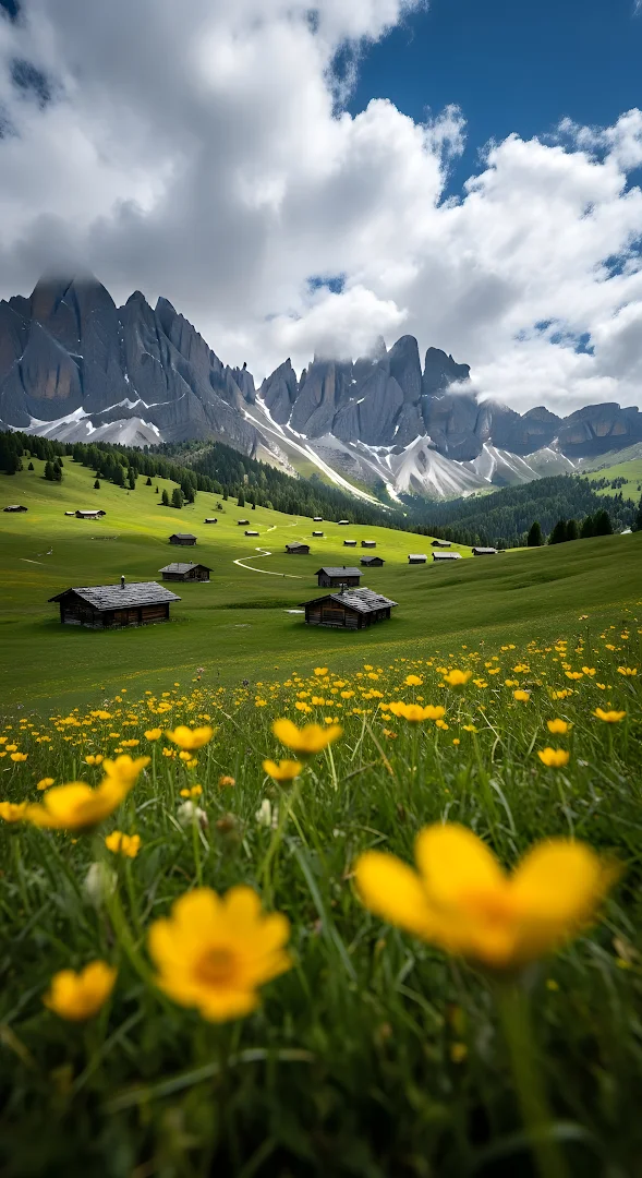 Alpine Meadow Valley with Wooden Huts and Dolomite Peaks